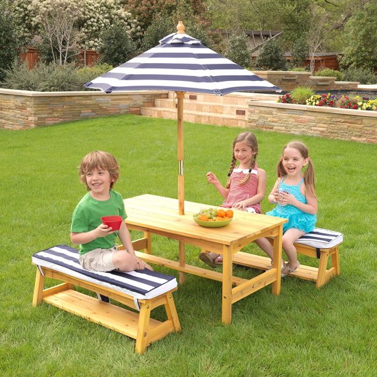 Houten picknicktafel met bankenset voor buiten met kussens en parasol - ideaal tuinmeubilair voor kinderen van Houten — afbeelding 2