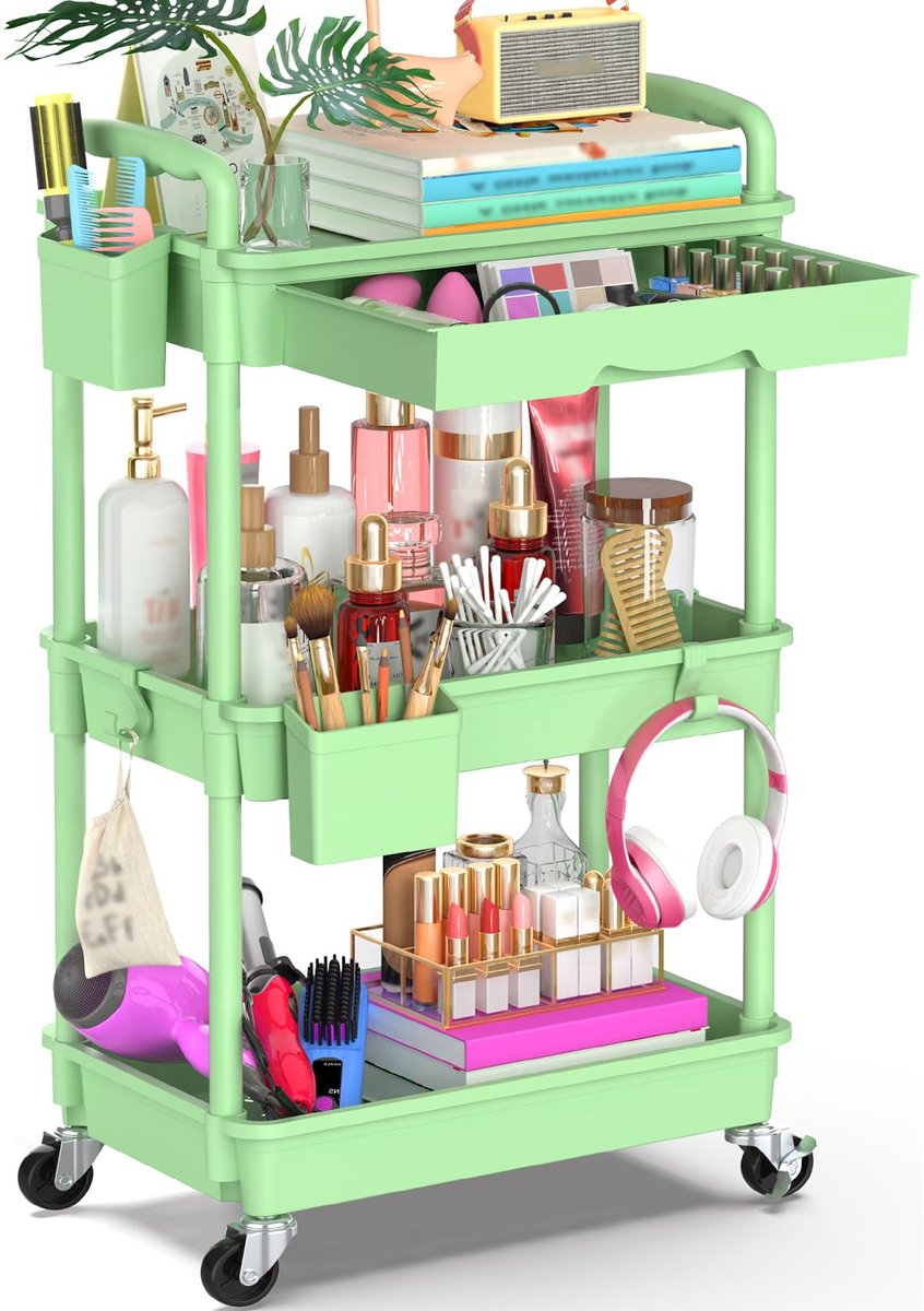Ibenzoa® Multifunctionele Drie-Lagen Opbergtrolley met Laden en Wielen, Geschikt voor Huis en Kantoor in Groen