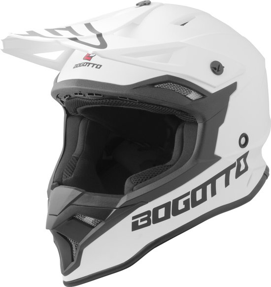 Casque cross Bogotto blanc avec accents noirs et visière. Logos Bogotto visibles.
