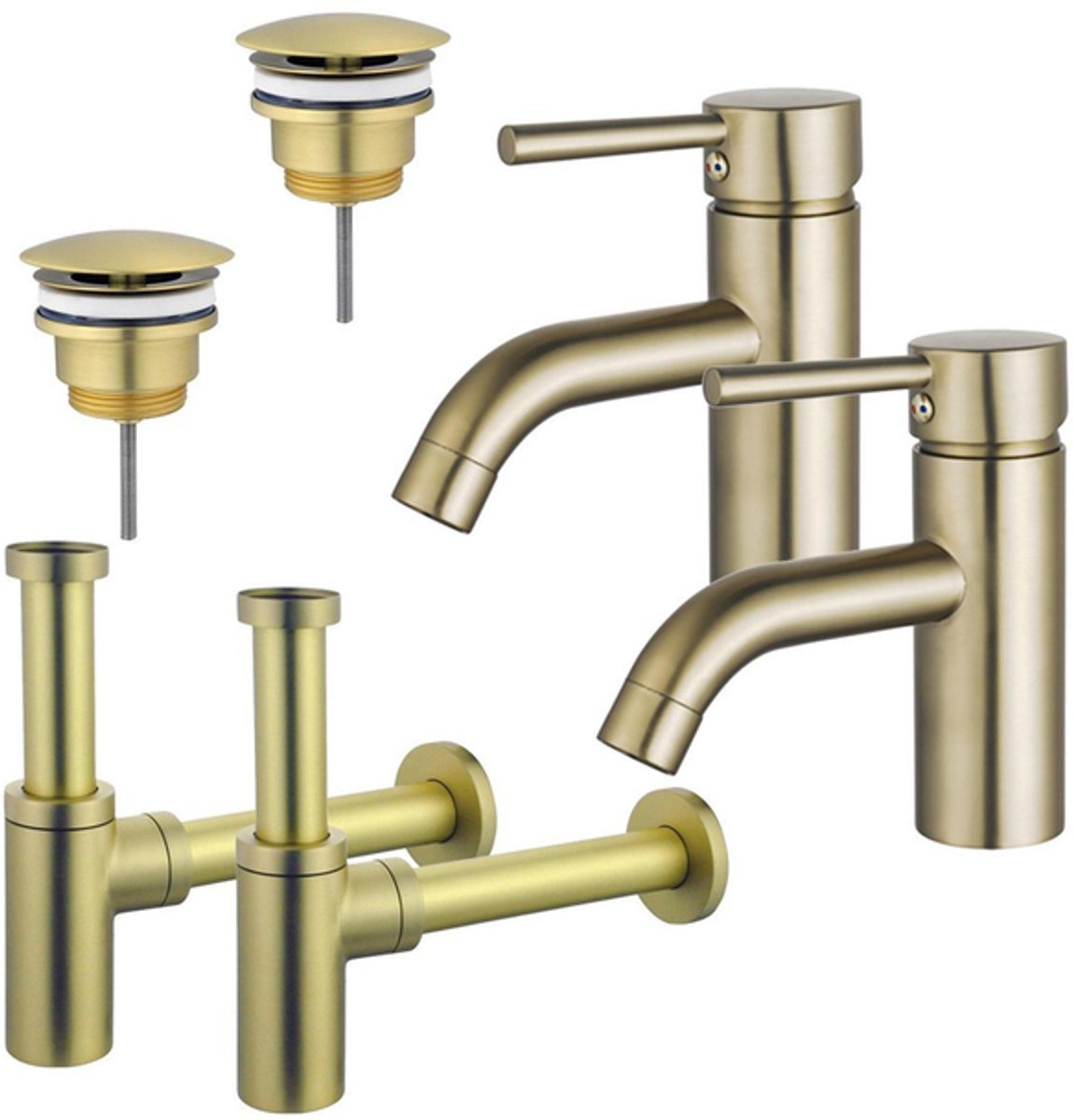 FugaFlow Eccelente Sobrado Badkamer Wastafelkraanset - voor dubbele wastafel - lage wastafelkraan - always open plug - design sifon - PVD Geborsteld Messing