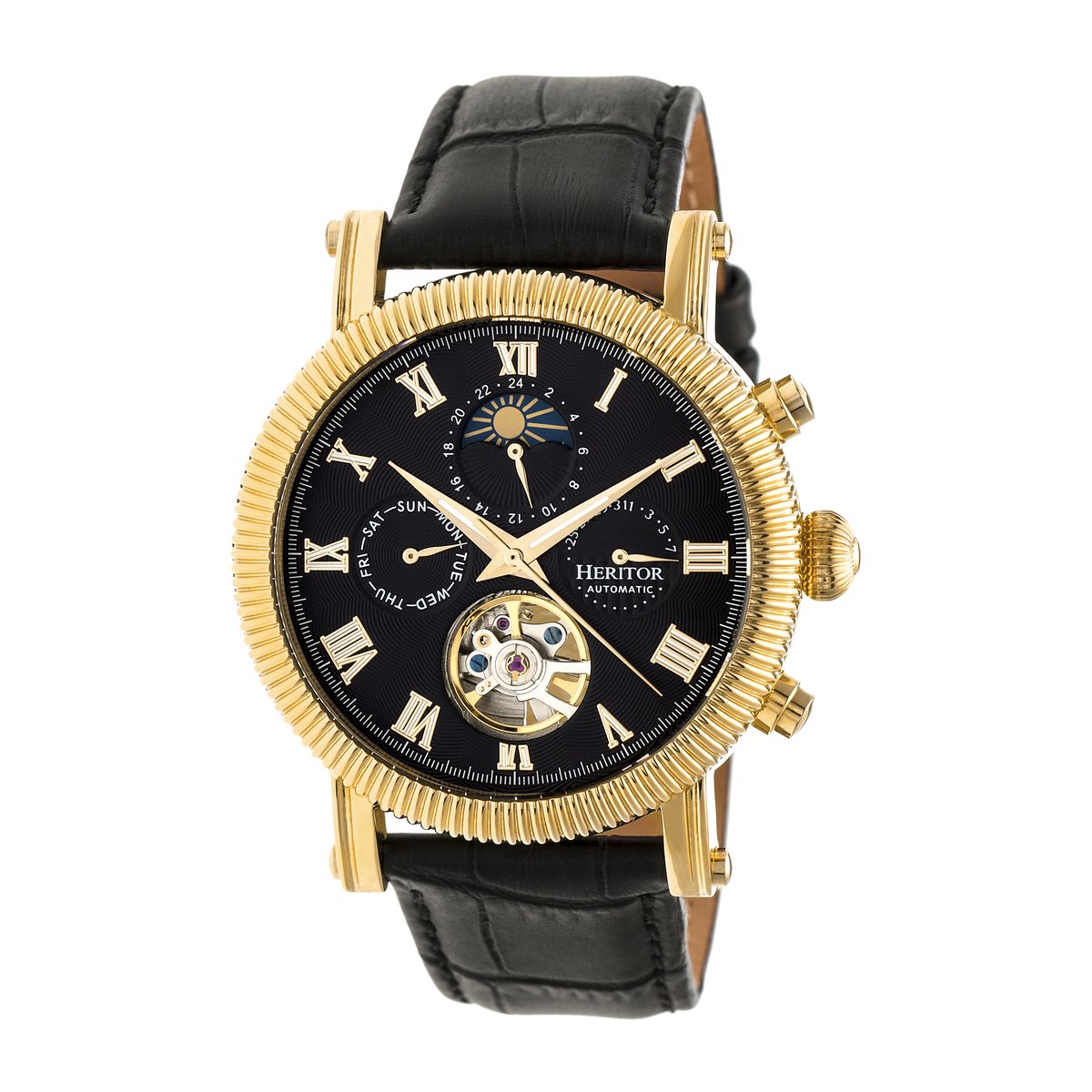 Heritor Automatic Winston Semi-Skelet Horloge met Leren Band - Goud-Zwart