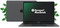 Een donkergrijze MacBook Air met het Apple logo op de achterkant. De voorkant toont het logo van Renewed MacBook.