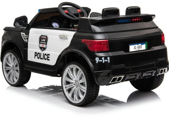 Achterkant van een zwarte Vrooomy politie speelgoedauto met witte deuren, op de achterkant staat '9-1-1', kenteken JC-002.