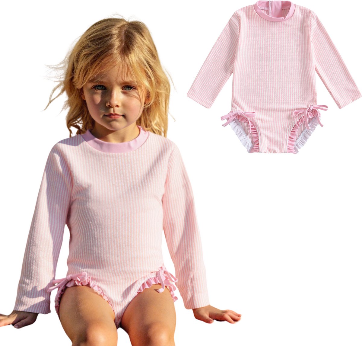 Joya Kids® Badpak Lange Mouw Licht Roze met Streepjes en Roze Ruches Meisjes | Zwempak met ruches UV Badpak | Zwempak Lange Mouw UV Bescherming Streep | Meisje Bikini Zomer | Kinderbadpak Peuter | Maat 2-3 Jaar