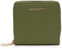 Gesloten olijfgroene portemonnee van Lazarotti met gouden ritslip en logo.