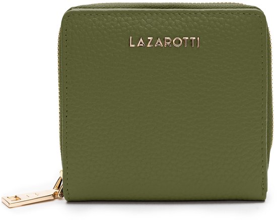 Gesloten olijfgroene portemonnee van Lazarotti met gouden ritslip en logo.