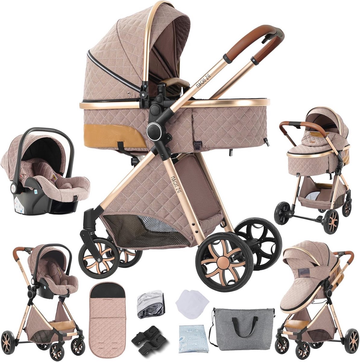 Image of 3-in-1 Kinderwagen met Omkeerbare Duwstang en Opvouwbaar Ontwerp