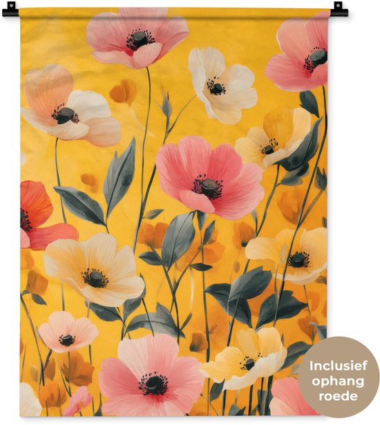 Wandkleed 60x80 cm - Wanddoek Bloemen - Veld - Geel - Wandtapijt - Wandkleden