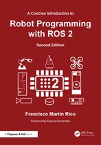 Boekomslag van "A Concise Introduction to Robot Programming with ROS 2" met witte illustraties van robots en circuitonderdelen op een rode achtergrond.