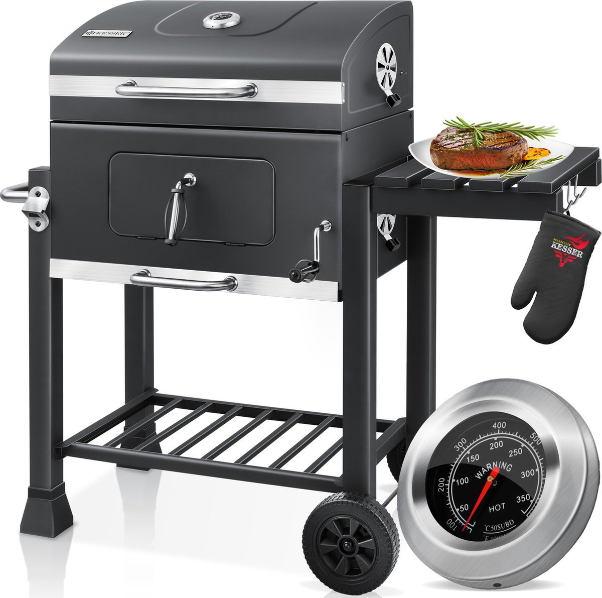 KESSER® XL Houtskool BBQ Grill Trolley | Met Wielen En Thermometer | Roestvrij Stalen Rooster | Voor Tuin En Camping