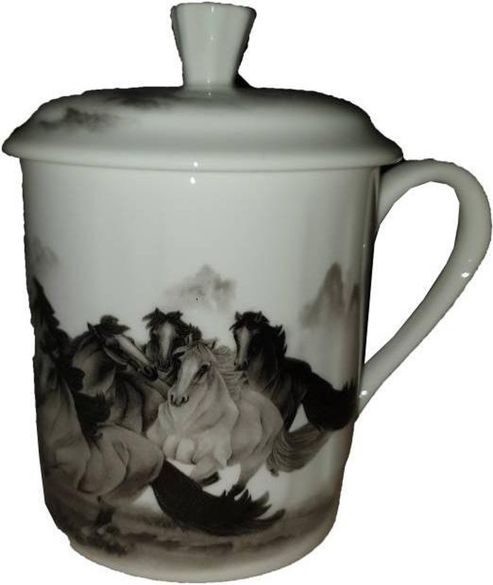 Fine Asianliving Chinese Theebeker met Deksel Porselein Paarden