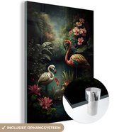 MuchoWow® Glasschilderij 60x80 cm - Schilderij acrylglas - Flamingo - Bloemen - Jungle - Vogels - Natuur - Foto op glas - Schilderijen