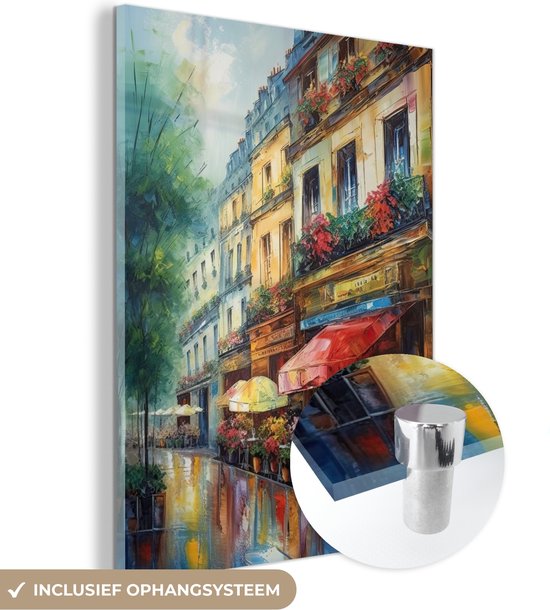 Glazen schilderij met een olieverf impressie van een Parijse straat, inclusief ophangsysteem.