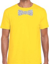 Geel fun t-shirt met vlinderdas in glitter zilver heren - shirt met strikje XL