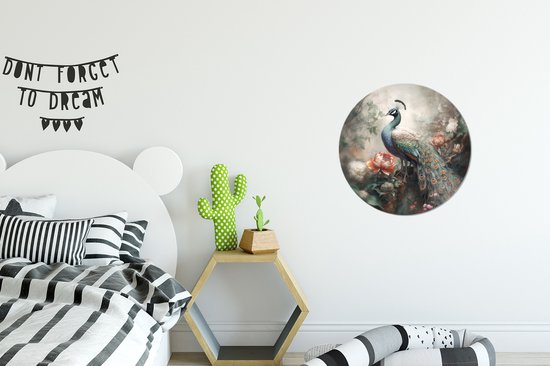 WallCircle - Stickers muraux - Cercle Papier Peint - Paon - Plumes De Paon - Vogel - Jungle - Fleurs - 30x30 cm - Cercle Mural - Auto Adhésif - Autocollant Rond Papier Peint