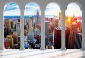 Fotobehang - Vlies Behang - 3D Uitzicht op New York Stad door de Pilaren - 312 x 219 cm