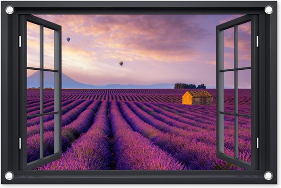 Tuinposter Doorkijk - Lavendel - Paars - Bloemen - 60x40 cm - Tuindoek - Buitenposter