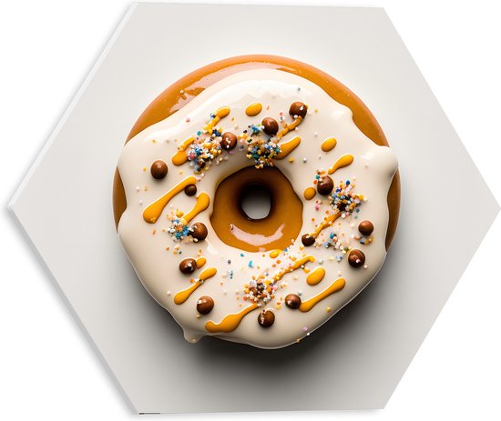 PVC Schuimplaat Hexagon - Geglazuurde Donut tegen Lichtgekleurde Achtergrond - 30x26.1 cm Foto op Hexagon (Met Ophangsysteem)