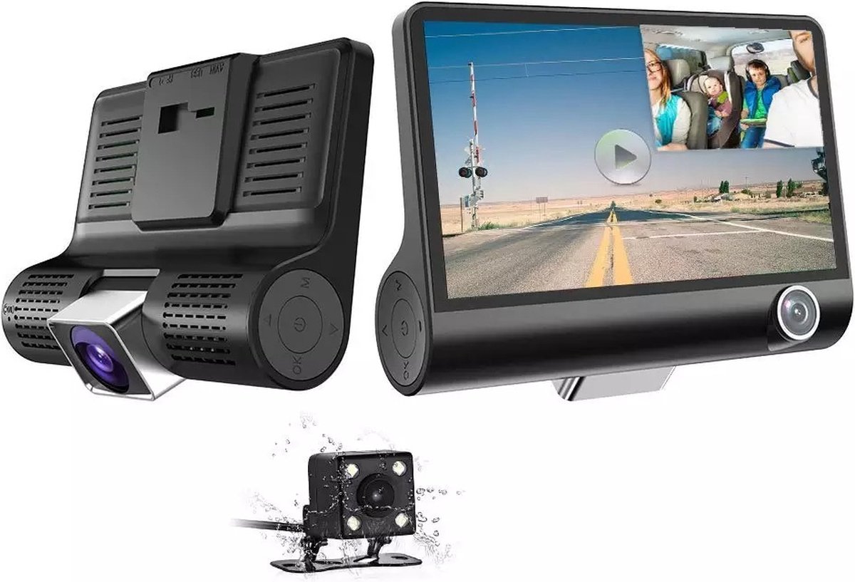 TechU™ Dashcam Voor en Achter Camera – MK11.1 Dashboardcamera – 4” Scherm – Full HD 1080P – 170° Wijdhoeklens – Nachtvisie – Loop recording – Bewegingssensor – G-sensor – Parkeermodus – Incl. Achteruitrijcamera - voor auto