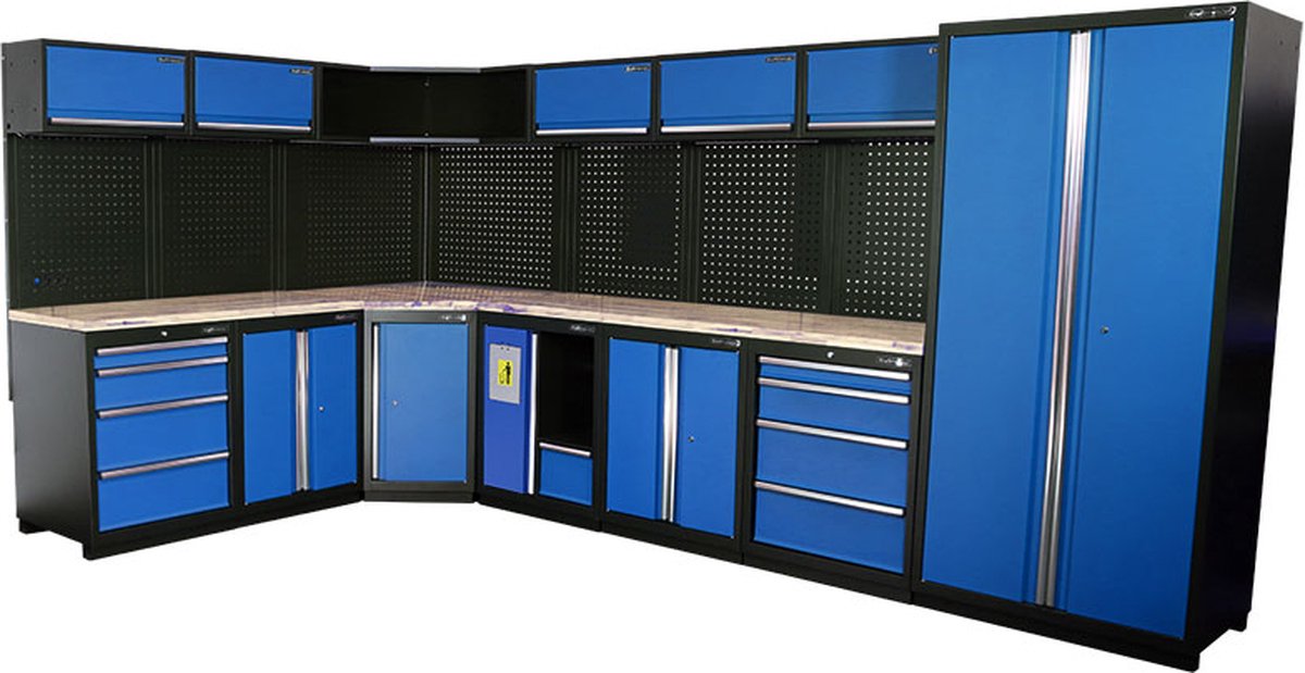 Kraftmeister werkplaatsinrichting - Werkbank met 6 wandkasten, 1 werkplaatskast, 3 opbergkasten, 1 prullenbak en eiken werkblad - Werktafel met 8 laden en gereedschapswand - Complete set voor werkplaats of garage - Blauw