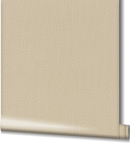 Rol beige vliesbehang met een fijne linnenlook textuur.