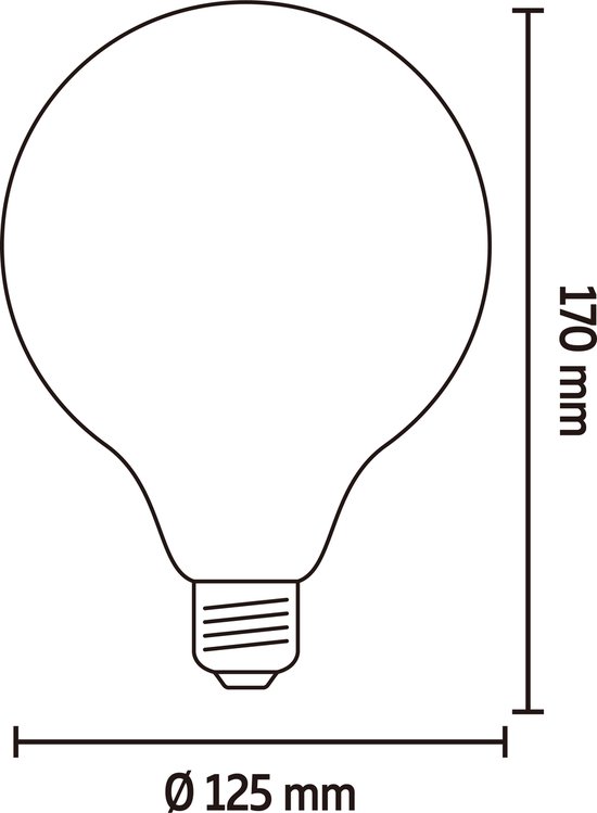 Technische tekening van een globe lamp, 170mm hoog, 125mm diameter.