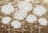 Fotobehang - Vlies Behang - Witte Bloemetjes Kunst - Bloemen op Sierstenen Muur - 254 x 184 cm