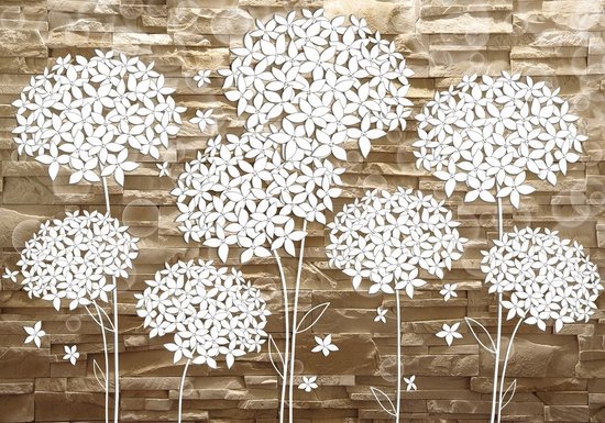 Fotobehang - Vlies Behang - Witte Bloemetjes Kunst - Bloemen op Sierstenen Muur - 254 x 184 cm