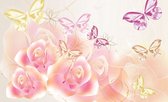 Fotobehang - Vlies Behang - Vlinders en Roze Bloemen - 312 x 219 cm