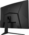 Achterkant van een zwarte MSI gebogen monitor, met standaard en aansluitingen.