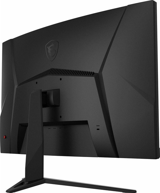 Achterkant van een zwarte MSI gebogen monitor, met standaard en aansluitingen.