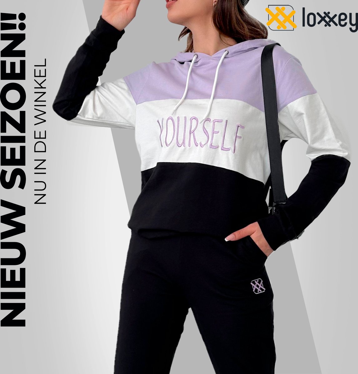 Loxxey® - Katoen - Yourself - Vrijetijdspak - Joggingpak - Huispak - Home Wear - Hoodie - Trainingspak - Tracksuit - 1 Set (2 Delig) - Dames - Maat 4XL - Lila / Zwart