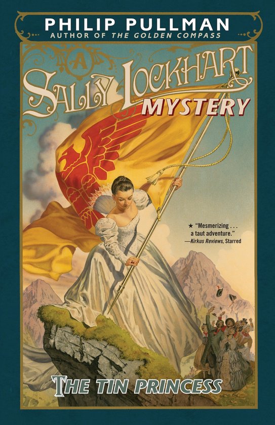Couverture de livre représentant une femme en robe blanche tenant un grand drapeau doré orné d'un oiseau rouge. Titre : The Tin Princess.