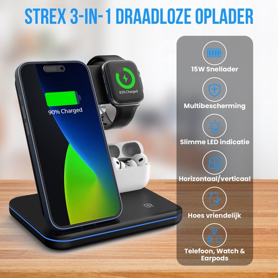 Strex 3-in-1 Draadloze Oplader - Wireless Charger - 15W Fast Charger - Oplaadstation Met Snellader Geschikt Voor Smartphone/iPhone/Apple Watch/AirPods - Strex