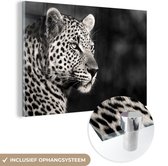 Glasschilderij panter - Dieren - Zwart - Wit - Portret - Decoratie woonkamer - Foto op glas - 60x40 cm - Schilderij glas - Wanddecoratie slaapkamer