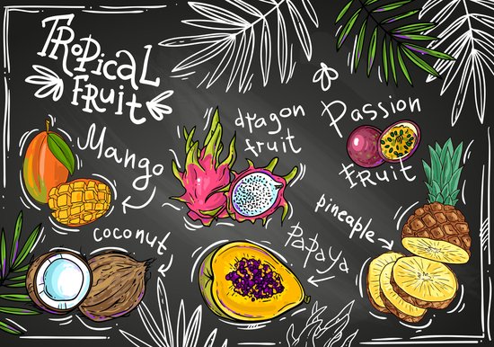 Dessins colorés de fruits tropicaux: mangue, noix de coco, fruit du dragon, fruit de la passion, ananas et papaye sur un tableau noir avec lettrage blanc.