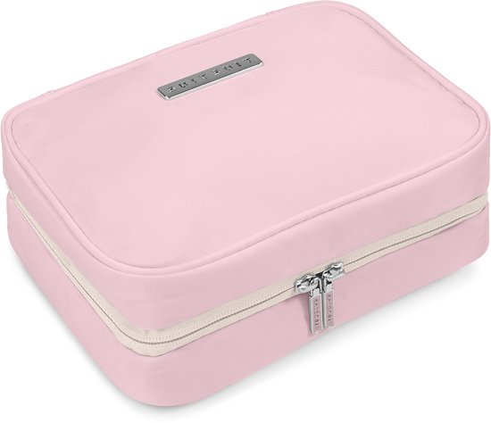 Roze pastel SUITSUIT toilettas met zilveren logo en ritssluiting.