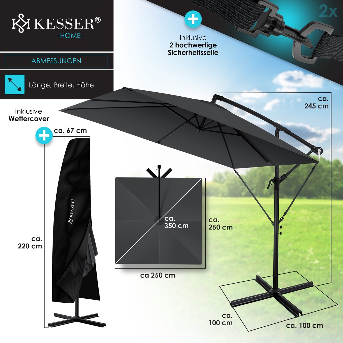 KESSER Zweefparasol Holly Rechthoekig - Parasol met Zwengel, Hoes en Windbescherming, UV-bescherming, Aluminium, Waterafstotend - Antraciet – foto 7