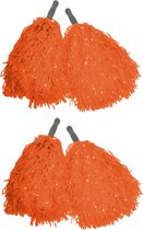 Cheerballs/pompons - 4x - orange - avec franges et manche bâton - 25 cm - pour enfants