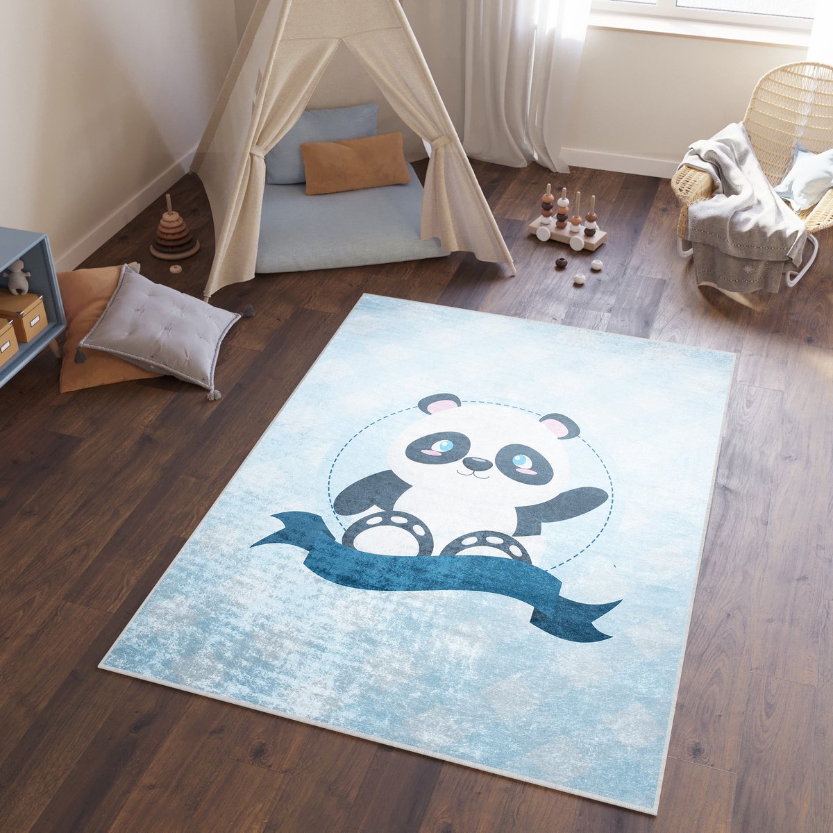 Tapiso Emma Vloerkleed Kinderkamer Blauw Panda Babykamer Speelmat- 80x150 Blauw 9
