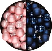 Mini kerstballen - 48x st - donkerblauw en lichtroze - 2,5 cm - glas - kerstversiering