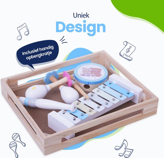 Caisse en bois avec instruments de musique Kadoing : xylophone, maracas, tambourin et flûte. 'Design unique' et 'Inclut une jolie caisse de rangement'.