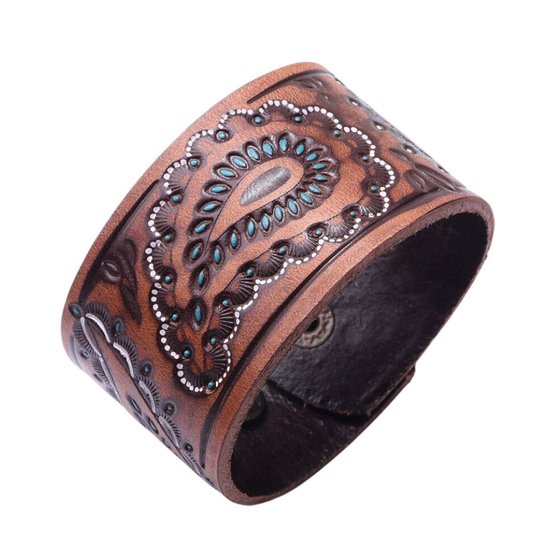 Marama - bracelet imprimé Paisley - cuir marron clair - boutons pression - bracelet femme - bracelet homme
