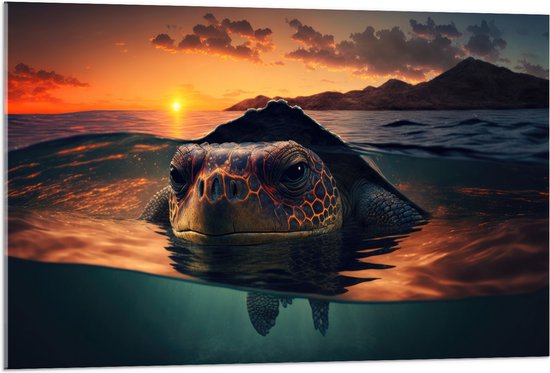 Acrylglas - Close-up van Boze Zeeschildpad Dobberend bij het Wateroppervlak - 105x70 cm Foto op Acrylglas (Wanddecoratie op Acrylaat)