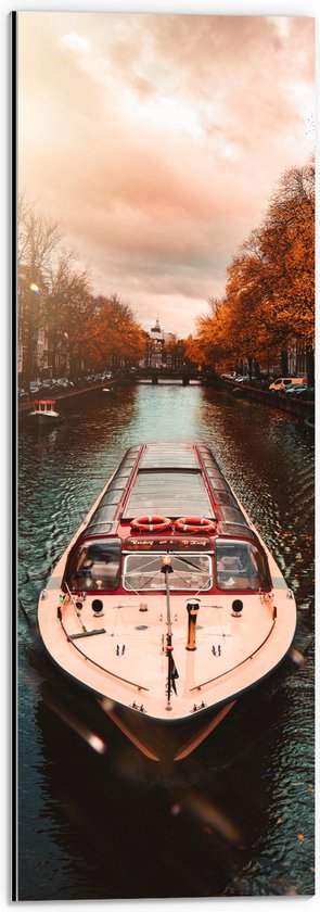 Dibond - Traditionele Amsterdamse Toeristenboot door de Grachten tijdens de Herfst - 20x60 cm Foto op Aluminium (Wanddecoratie van metaal)