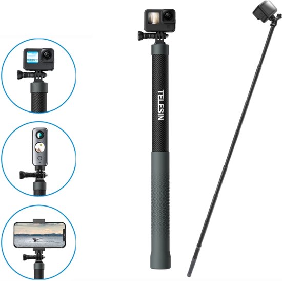 Telesin 3 meter Premium Selfie Stick Carbon met 1/4 Schroef voor GoPro,  Action... | bol