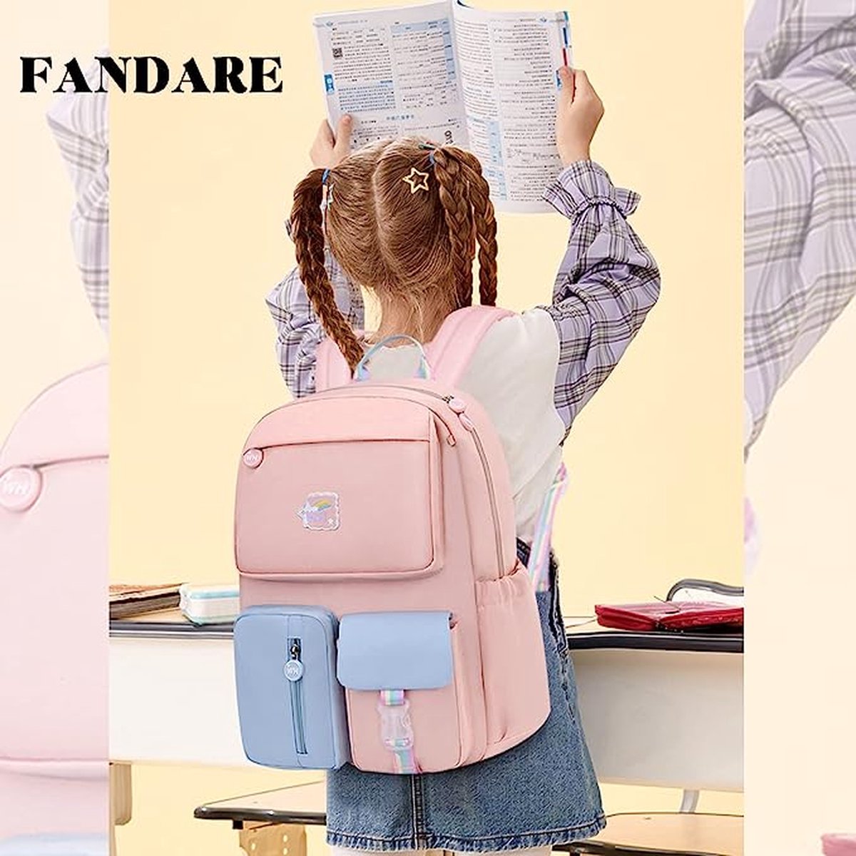 Fandare Kinderrugzak – Schooltas 6 Vakken – Waterdicht Nylon – Roze/blauw S – Lichtgewicht Voor Jongens & Meisjes