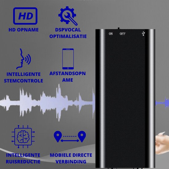 Zwarte dictafoon met functies zoals HD opname, intelligente stemcontrole en ruisonderdrukking.