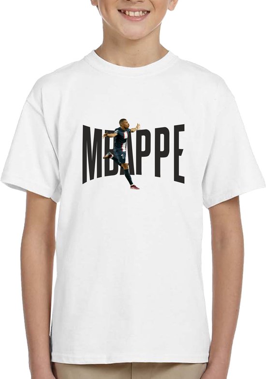 Mbappe - kylian - PSG - Kinder T-Shirt - Kinder shirt met tekst- T-Shirt - wit shirt - Mbappe zwarte tekst - Maat 134/140 - T-Shirt leeftijd 9 tot 10 jaar - Grappige teksten - Cadeau - Shirt cadeau - Voetbal- verjaardag -