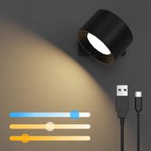 Led-wandlamp voor binnen, 2 stuks, 3 helderheidsniveaus, 3 kleurmodi, bedlamp, 360 graden draaibare touch-bediening, draadloos, voor woonkamer, slaapkamer, hal(zwart